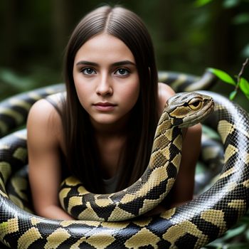 woman is holding a snake in a forest setting with a green plant in the foreground and a tree in the background