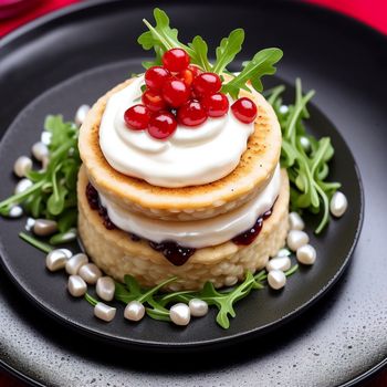 plate with a cake on it with berries on top of it and a garnish of leaves