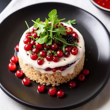 black plate topped with a cake covered in berries and greens on top of rice krispy kreme