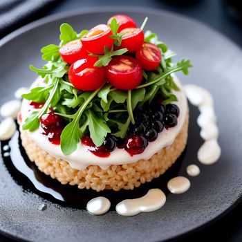 plate with a cake with berries and greens on top of it on a table with a black cloth