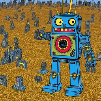 robot standing in a field of wheat with a camera on his head and a camera in his hand