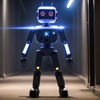 robot with glowing eyes standing in a hallway with a light on its head and a flashlight in his hand