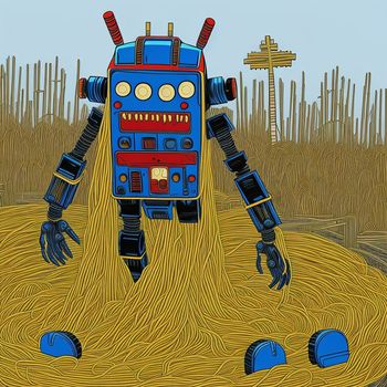 robot standing in a field of wheat with a cross in the background and a wooden fence in the foreground