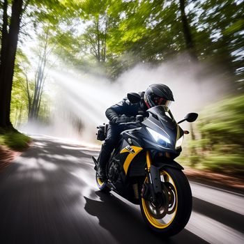 person riding a motorcycle on a road in the woods with trees in the background and mist coming off the back