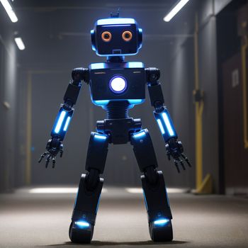 robot standing in a hallway with a light on it's head and glowing eyes on its face