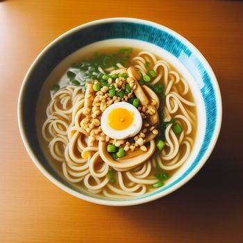 bowl of noodles with an egg on top of it on a table top with a spoon and a napkin