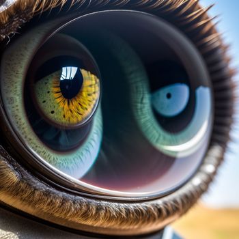 close up of a bird's eye with a sky background behind it and a field in the background