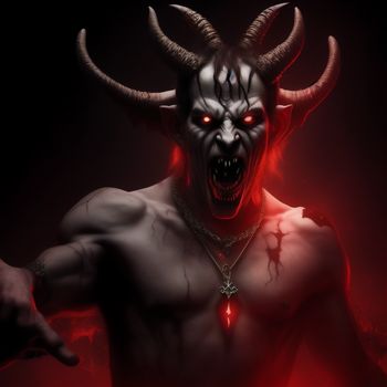 demonic demon with horns and a heart on his chest and a cross on his chest