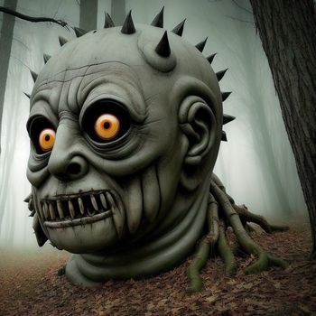 creepy looking creature with spikes on its head in a forest with trees and leaves on the ground