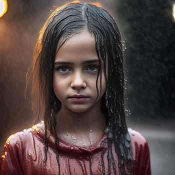 young girl with long hair standing in the rain with a street light in the background and rain falling on her head