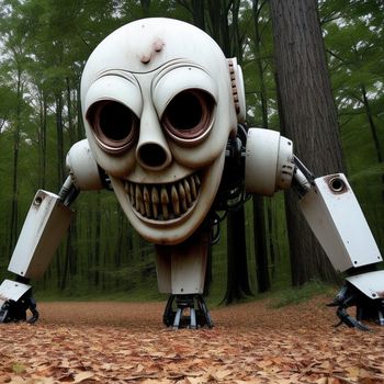 robot with a face that looks like a human head in the woods with leaves on the ground and trees in the background