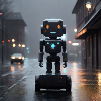 robot is standing on a city street in the rain with a car behind it and a building in the background
