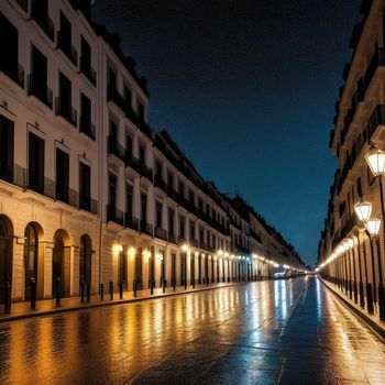 wet street with a street light and buildings in the background at night time with lights on the buildings