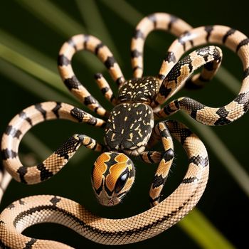 close up of a snake on a plant with a black background and a green leaf behind it with a black and yellow spider