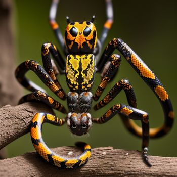 close up of a spider on a branch with a baby spider in the middle of it's legs