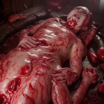 bloody man laying on a bed of blood with blood all over his body and head and hands on his chest