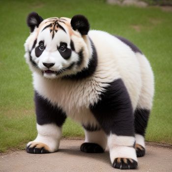 panda bear standing on top of a dirt field next to a field of grass and grass covered ground