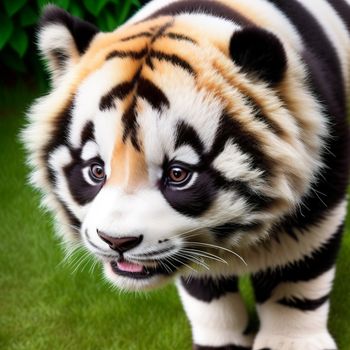 stuffed tiger is standing on some grass and grass with a bush in the background and a green bush in the foreground