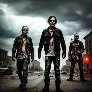 three men in zombie costumes standing in a street with a dark sky in the background and a red light in the foreground