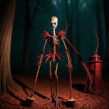 skeleton standing in a forest with a red fire hydrant in the background and a spooky tree