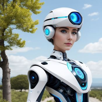 woman in a robot suit with headphones on her head and a tree in the background with a blue sky