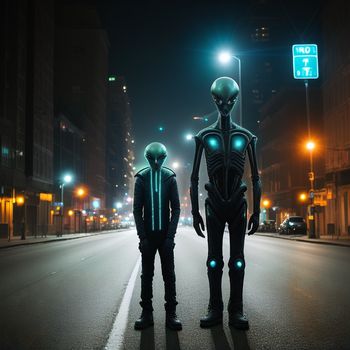 two alien men standing in the middle of a street at night with street lights on and a street sign in the background