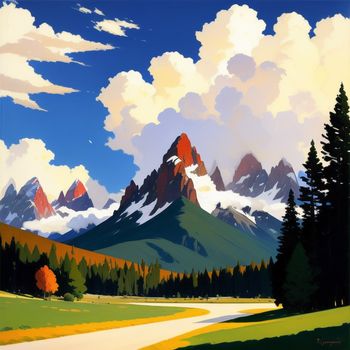 painting of a mountain landscape with a road going through it and trees in the foreground and clouds in the background