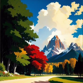 painting of a mountain landscape with trees and a road leading to it with a sky background and clouds