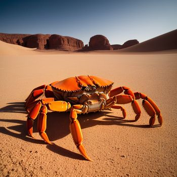 crab in the desert with a mountain in the background and a blue sky in the background