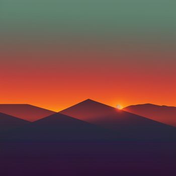 sunset view of a mountain range with a bright orange sun in the distance and a hazy sky with a few clouds