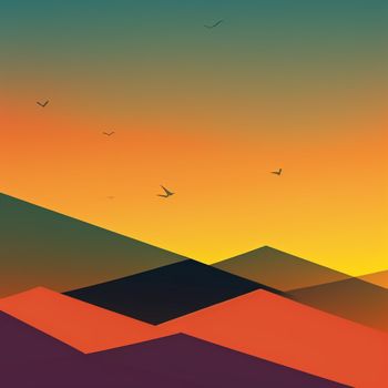 colorful landscape with birds flying over the mountains at sunset or sunrise or sunset time