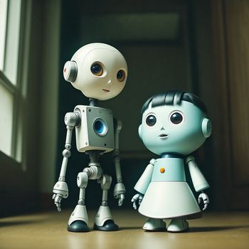 robot and a girl standing next to each other on a table in front of a window with a door