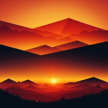 sunset with mountains and trees in the foreground and a red sky in the background with a sun setting