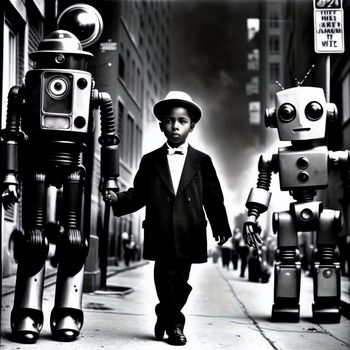 boy in a suit and hat walking down a street with two robots behind him