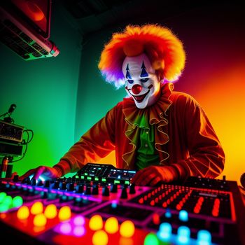 clown is playing a dj set up in a dark room with neon lights on the floor and a dj mixing