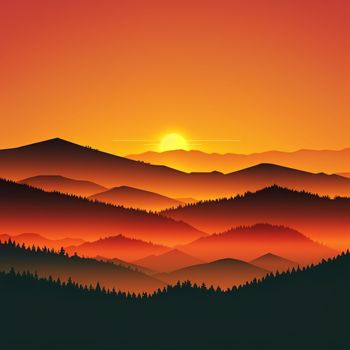 sunset over a mountain range with trees and hills in the foreground and a bird flying over the horizon