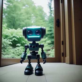 robot is standing in front of a door with a window in the background and trees outside the door