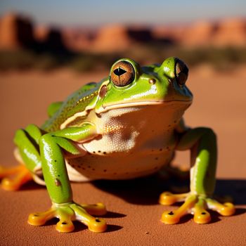 frog with a large eye sitting on a surface in the desert with a desert background and a blue sky