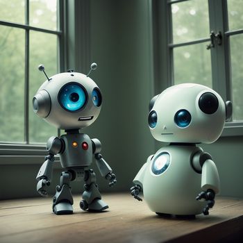 two robots standing next to each other on a table near a window with a forest outside of them and a window with a tree outside
