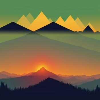 mountain range with a sunset in the background and trees in the foreground