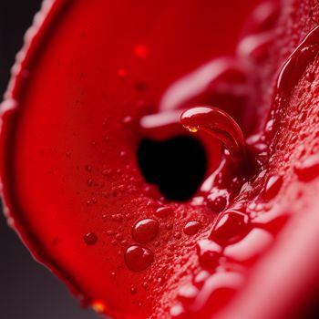 red flower with water droplets on it's petals and a black background with a white border around it