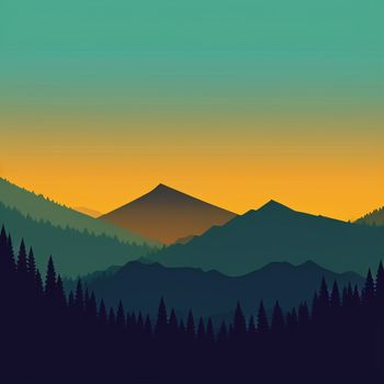 mountain range with trees and a sunset in the background with a green sky and yellow and orange colors