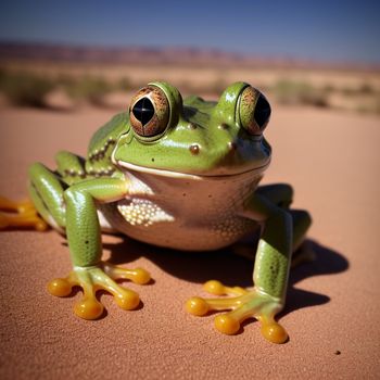 frog with big eyes sitting on a desert floor with a desert background and a blue sky in the background