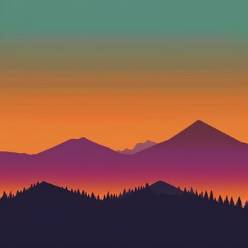 sunset with a mountain range in the background and a forest silhouetted by the sun rising over the mountains