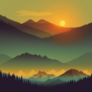 mountain landscape with a sunset in the background and trees in the foreground