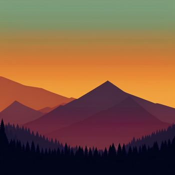 mountain range with trees and a sunset in the background with a red sky and orange and yellow colors