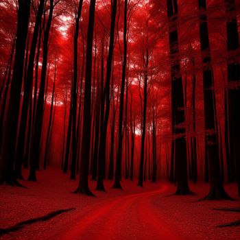 red forest with a dirt road and trees with red leaves on them and a red sky in the background