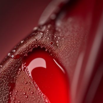 close up of a red liquid with a white heart on it's side and a red background