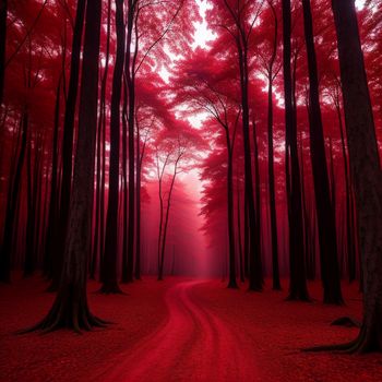 red forest with a dirt road in the middle of it and trees in the background with red light