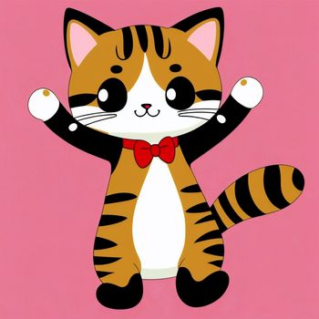 cartoon cat with a bow tie on its chest and arms up in the air